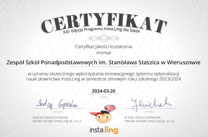 Przyznanie certyfikatów uczestnictwa w XXI Edycji Ogólnopolskiego Programu InstaLing dla Szkół
